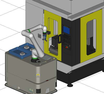 AGVに搭載した協働ロボットによる工作機械への部品供給